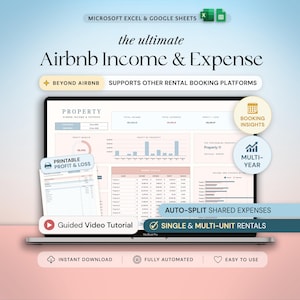 May include: A digital spreadsheet template for Airbnb income and expense tracking displayed on a laptop screen. The interface features data tables, bar charts, and profit margins. Text overlays include "The Ultimate Airbnb Income & Expense" and "Printable Profit & Loss" with icons for video tutorials and booking insights.