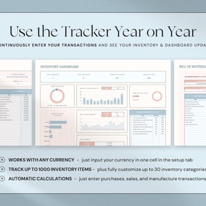 May include: A digital inventory tracker with a light blue and pink color scheme. The text "Use the Tracker Year on Year" is at the top. The image shows inventory dashboards, charts, and a bill of materials. Features include currency compatibility and automatic calculations.