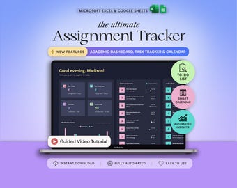 Assignment Tracker Academic Student Planner Google Sheets Excel Template Study Planner Spreadsheet University College Aesthetic Dark Mode