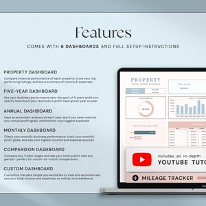 Puede incluir: Una pantalla de port&aacute;til muestra un panel de control de propiedades con gr&aacute;ficos. La pantalla muestra la palabra "Caracter&iacute;sticas" en la parte superior, junto con texto que describe seis paneles y las instrucciones de configuraci&oacute;n. Se incluye un tutorial de YouTube. La pantalla est&aacute; en un MacBook Pro.