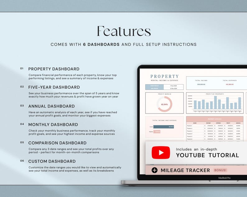 Puede incluir: Una pantalla de port&aacute;til muestra un panel de control de propiedades con gr&aacute;ficos. La pantalla muestra la palabra "Caracter&iacute;sticas" en la parte superior, junto con texto que describe seis paneles y las instrucciones de configuraci&oacute;n. Se incluye un tutorial de YouTube. La pantalla est&aacute; en un MacBook Pro.