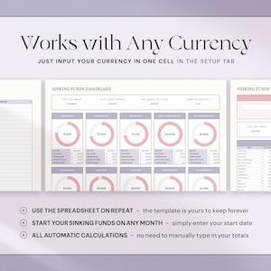 Puede incluir: Plantilla de hoja de c&aacute;lculo digital con un esquema de color lila claro y blanco. El texto "Works with Any Currency" est&aacute; en la parte superior. La hoja de c&aacute;lculo incluye secciones para fondos de amortizaci&oacute;n, paneles y configuraci&oacute;n. El texto "USE THE SPREADSHEET ON REPEAT" est&aacute; en la parte inferior.