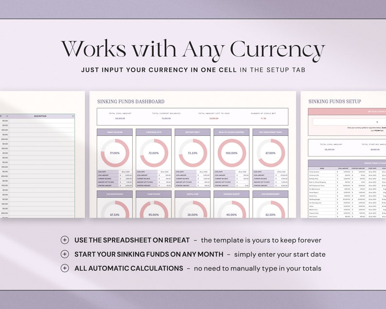 Puede incluir: Plantilla de hoja de c&aacute;lculo digital con un esquema de color lila claro y blanco. El texto "Works with Any Currency" est&aacute; en la parte superior. La hoja de c&aacute;lculo incluye secciones para fondos de amortizaci&oacute;n, paneles y configuraci&oacute;n. El texto "USE THE SPREADSHEET ON REPEAT" est&aacute; en la parte inferior.