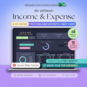 Income and Expense Tracker Excel Google Sheets Monthly Expenses Spreadsheet Profit and Loss Bookkeeping Template Financial Planner Dark Mode