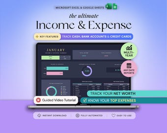 Income and Expense Tracker Excel Google Sheets Monthly Expenses Spreadsheet Profit and Loss Bookkeeping Template Financial Planner Dark Mode