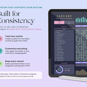 May include: A digital tablet displaying a January habit tracker dashboard with a dark interface, pink and green accents, and text including "Built for Consistency" and "Track any routine." A white stylus rests on the bottom edge of the tablet screen.