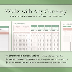 May include: A digital financial spreadsheet with a light green and pink color scheme. The text "Works with Any Currency" is at the top. The spreadsheet includes sections for payment schedules and debt dashboards. The text includes "Start tracking debt on any month", "Track even partial debt payments", and "All automatic calculations".