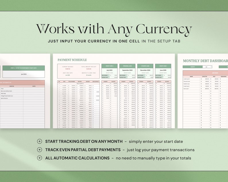 May include: A digital financial spreadsheet with a light green and pink color scheme. The text "Works with Any Currency" is at the top. The spreadsheet includes sections for payment schedules and debt dashboards. The text includes "Start tracking debt on any month", "Track even partial debt payments", and "All automatic calculations".