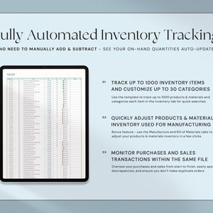 May include: A digital tablet displays a spreadsheet with inventory data. Text at the top reads "Fully Automated Inventory Tracking." Bullet points detail features: tracking items, adjusting inventory, and monitoring transactions. The background is a light blue.