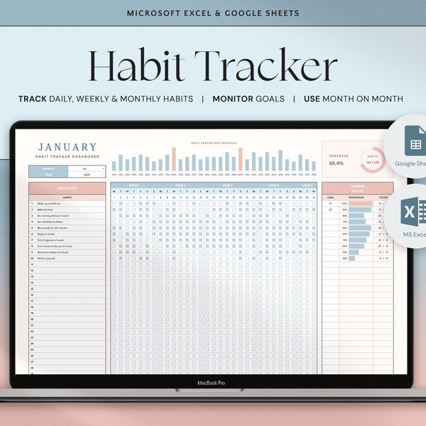 Gewoontetracker Spreadsheet Google Spreadsheets Excel-sjabloon Dagelijkse gewoonteplanner Doeltracker Wekelijkse gewoontedoelplanner Maandelijkse gewoonteroutine