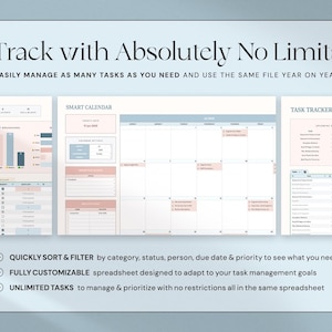 K&ouml;nnte beinhalten: Ein digitaler Planer mit hellblauem und rosa Farbschema. Der Planer enth&auml;lt Abschnitte f&uuml;r die Aufgabenverfolgung, einen intelligenten Kalender und Priorit&auml;tsaufschl&uuml;sselungen. Der Text auf dem Bild lautet "Track with Absolutely No Limits" und "Easily manage as many tasks as you need."