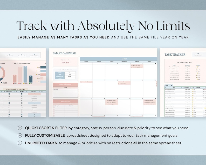 K&ouml;nnte beinhalten: Ein digitaler Planer mit hellblauem und rosa Farbschema. Der Planer enth&auml;lt Abschnitte f&uuml;r die Aufgabenverfolgung, einen intelligenten Kalender und Priorit&auml;tsaufschl&uuml;sselungen. Der Text auf dem Bild lautet "Track with Absolutely No Limits" und "Easily manage as many tasks as you need."