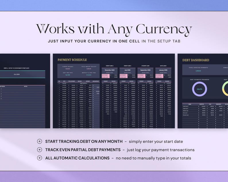 May include: A digital spreadsheet with a dark background and white text. The text reads "Works with Any Currency" and "JUST INPUT YOUR CURRENCY IN ONE CELL IN THE SETUP TAB". The spreadsheet includes sections for payment schedules and debt dashboards. Additional text highlights features.