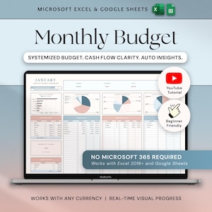 Pode incluir: Um MacBook Pro exibe uma planilha de orçamento mensal para Microsoft Excel e Google Sheets. A planilha inclui gráficos e tabelas com o texto "Orçamento Mensal" e "Janeiro". Texto adicional inclui "Orçamento Sistematizado. Clareza do Fluxo de Caixa. Insights Automáticos."