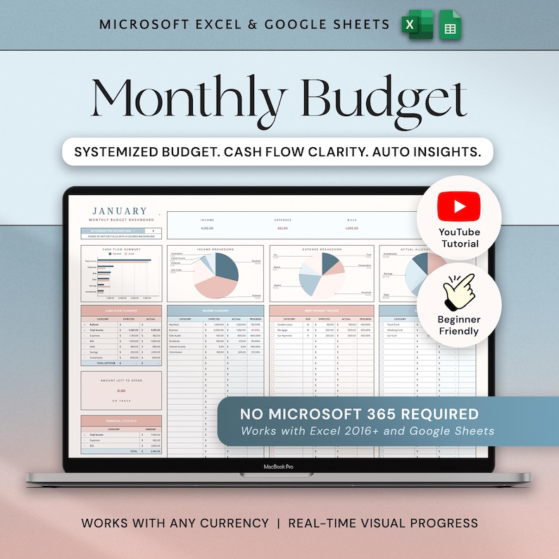 Op de afbeelding: Een MacBook Pro toont een maandelijks budgetspreadsheet voor Microsoft Excel en Google Sheets. De spreadsheet bevat grafieken en tabellen met de tekst "Maandelijks Budget" en "Januari". Extra tekst is "Systematisch Budget. Cashflow Duidelijkheid. Auto Insights."