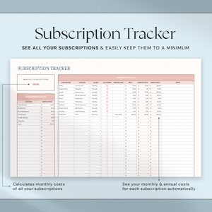 Op de afbeelding: Een abonnement tracker sjabloon met een roze en wit ontwerp. De tekst bovenaan luidt "Subscription Tracker". De sjabloon bevat secties voor maandelijkse abonnementen, een abonnementsoverzicht en een gedetailleerde abonnementenlijst. De tekst in de afbeelding zegt "SEE ALL YOUR SUBSCRIPTIONS & EASILY KEEP THEM TO A MINIMUM".