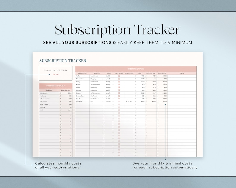 Op de afbeelding: Een abonnement tracker sjabloon met een roze en wit ontwerp. De tekst bovenaan luidt "Subscription Tracker". De sjabloon bevat secties voor maandelijkse abonnementen, een abonnementsoverzicht en een gedetailleerde abonnementenlijst. De tekst in de afbeelding zegt "SEE ALL YOUR SUBSCRIPTIONS & EASILY KEEP THEM TO A MINIMUM".