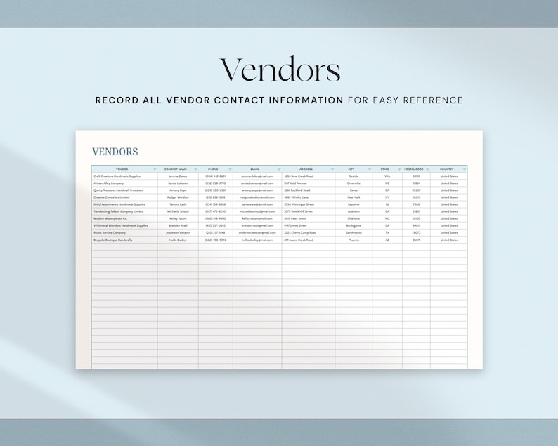 May include: A digital spreadsheet titled "Vendors" with columns for contact information. The text "Record all vendor contact information for easy reference" is above the spreadsheet. The spreadsheet is on a light blue background.