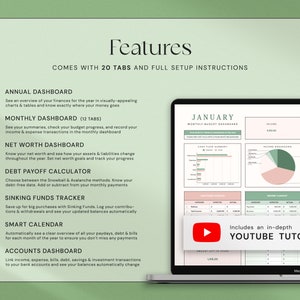 Op de afbeelding: Een laptopscherm toont een financieel dashboard met grafieken en tabellen. De afbeelding bevat de tekst "Functies" en "Wordt geleverd met 20 tabbladen en volledige installatie-instructies." Een YouTube-tutorial is ook inbegrepen.
