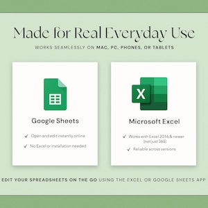 May include: A graphic with the text "Made for Real Everyday Use" and two icons: Google Sheets and Microsoft Excel. The Google Sheets icon is a green document with a grid, and the Excel icon is a green "X" in a green square.