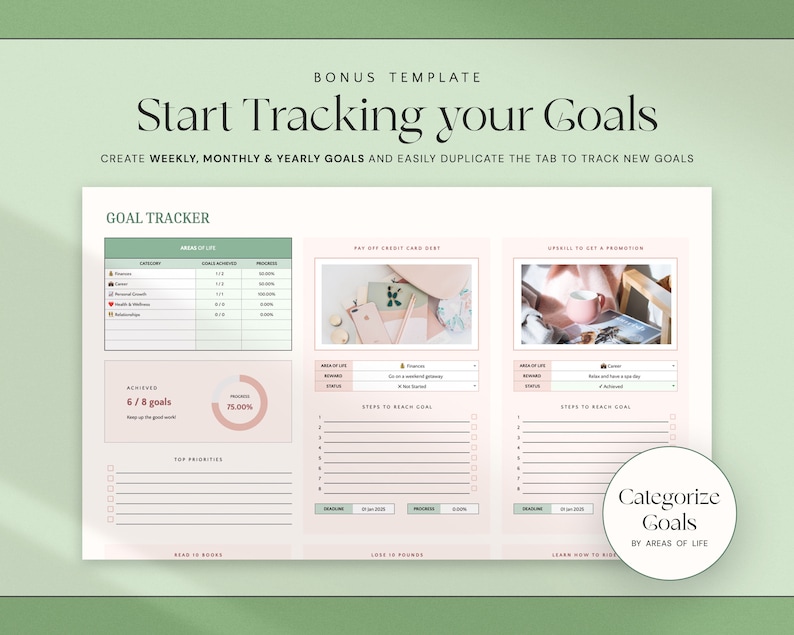 Może przedstawiać: Cyfrowy szablon śledzenia cel&oacute;w z tekstem "Start Tracking your Goals". Szablon zawiera sekcje dla cel&oacute;w tygodniowych, miesięcznych i rocznych, z obszarami do śledzenia postęp&oacute;w i kategoryzowania cel&oacute;w według obszar&oacute;w życia.
