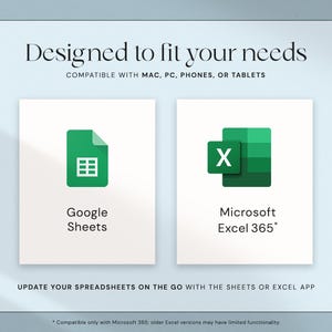 K&ouml;nnte beinhalten: Grafik mit dem Text "Designed to fit your needs" und den Logos f&uuml;r Google Sheets und Microsoft Excel 365. Der Text "Compatible with Mac, PC, Phones, or Tablets" ist ebenfalls enthalten.
