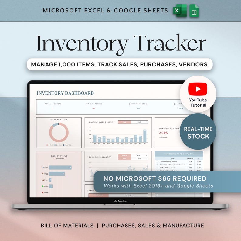 May include: A laptop screen displays an inventory dashboard with charts and graphs. Text includes "Inventory Tracker," "Manage 1,000 Items," and "Real-Time Stock." The screen also shows a YouTube tutorial icon and states "No Microsoft 365 Required."