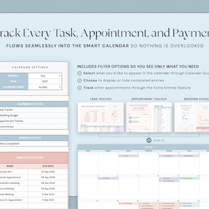 May include: A digital planner interface with a light blue and pink color scheme. The interface includes calendar settings, task trackers, and appointment trackers. The text reads "Track Every Task, Appointment, and Payment."