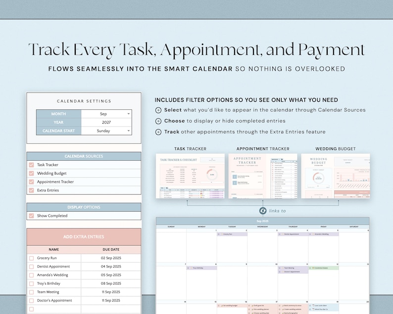 May include: A digital planner interface with a light blue and pink color scheme. The interface includes calendar settings, task trackers, and appointment trackers. The text reads "Track Every Task, Appointment, and Payment."