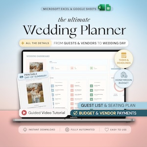 May include: A digital wedding planner template for Microsoft Excel and Google Sheets displayed on a laptop screen. The interface features a wedding dashboard, printable day-of summary, guest list, seating plan, budget, vendor payments, and video tutorial.