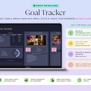 May include: A digital goal tracker displayed on a laptop screen featuring sections for categories, progress charts, and step-by-step action plans. The interface includes text labels like Goal Tracker, Areas of Life, and lists for tracking financial and personal objectives.