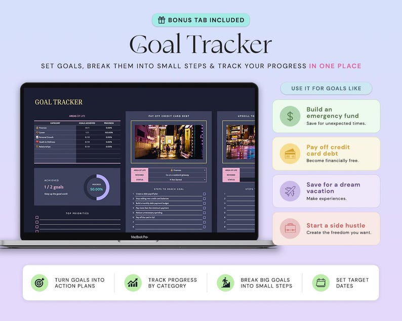 May include: A digital goal tracker displayed on a laptop screen featuring sections for categories, progress charts, and step-by-step action plans. The interface includes text labels like Goal Tracker, Areas of Life, and lists for tracking financial and personal objectives.
