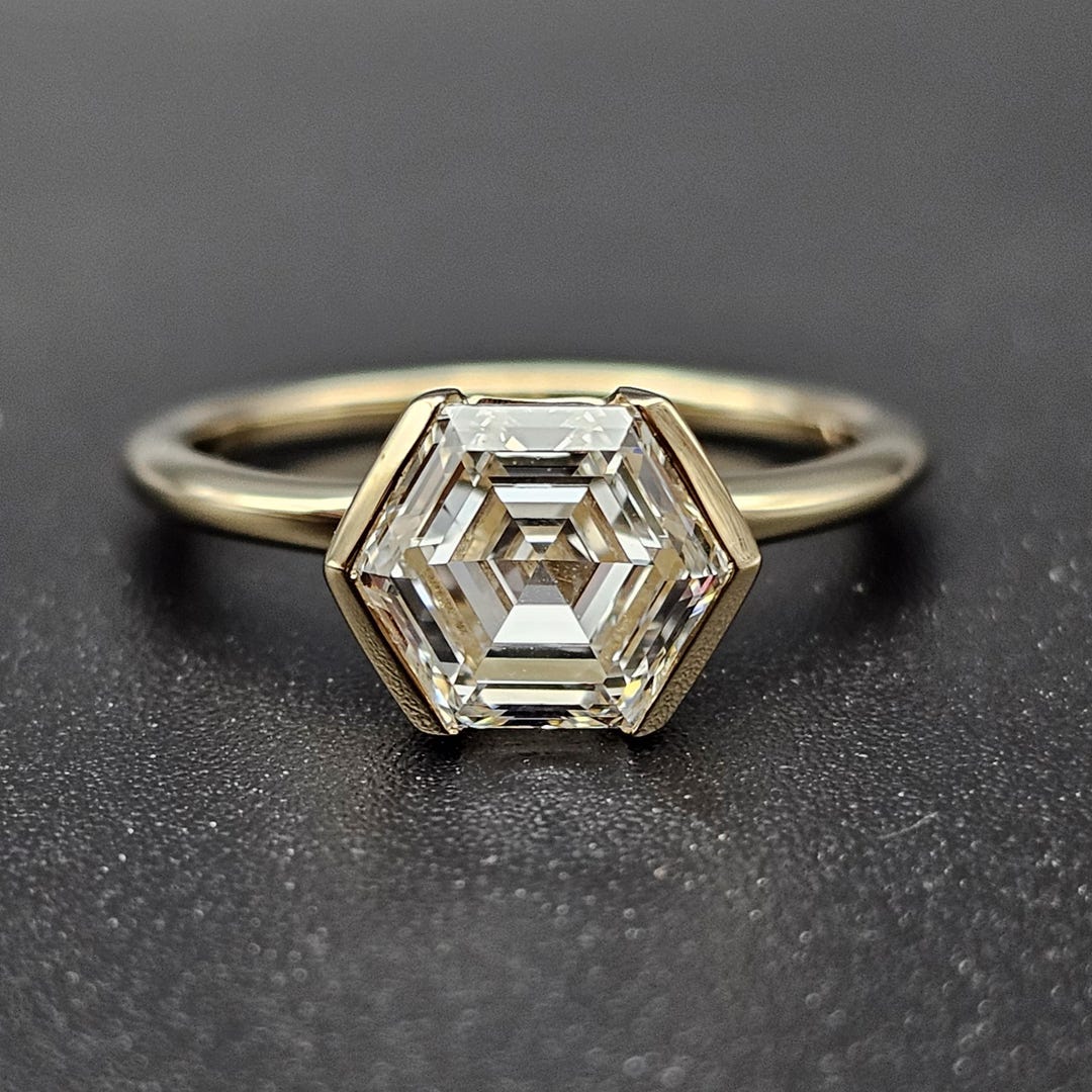 1.5ct Hexagon Cut Lab Grown Diamond Ring | 14k Yellow Gold | Semi Bezel ...