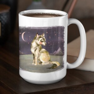 Midnight Wolf Mug / Wolf spirit animal howling at moon in starry night sky with mountains / Cute wolves cup