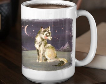 Midnight Wolf Mug / Wolf spirit animal howling at moon in starry night sky with mountains / Cute wolves cup
