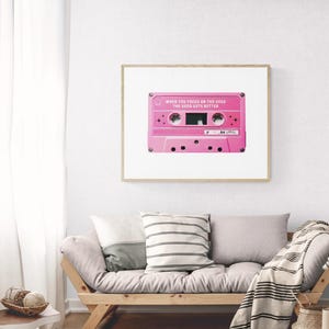 Arte de parede de cassete rosa, pôster, impressão de sala de fita vintage