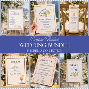 Puede incluir: Un conjunto de papelería de boda con temática costera italiana. Incluye letreros, invitaciones y menús. Los diseños presentan limones y fuentes elegantes. El texto incluye "Save the Date".
