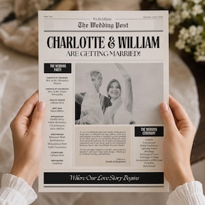 May include: A newspaper-style wedding announcement titled "The Wedding Post" with the headline "Charlotte & William Are Getting Married!" The announcement includes the wedding party, ceremony details, and a photo of the couple. The text "Where Our Love Story Begins" is at the bottom.