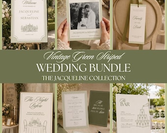 May include: A collection of vintage green striped wedding stationery. Includes a welcome sign, save the date card with a photo, family of the bride tag, invitation, RSVP card, and bar menu. The text includes "Jacqueline & Sebastian."