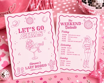 Disco Cowgirl Bachelorette Invitation Template | Last Rodeo Weekend Itinerary | Editable 5x7 Canva Invite | Pink Cowgirl Bach Party