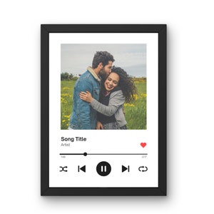 May include: A black framed print with a photo of a couple embracing in a field of flowers. The print has a music player interface with the text "Song Title" and "Artist" below the photo. The music player has a play button, a pause button, a rewind button, a fast forward button, and a repeat button.