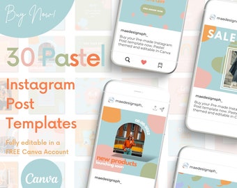30 Bundle of Premade Pastel Instagram Posts, Editable Bright Social Media Kit, DIY Canva Instagram Templates