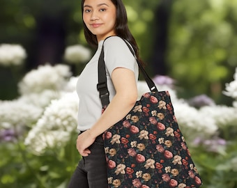Vintage Rose Print Black Canvas Tote: Gothic Cottagecore Crossbody Bag