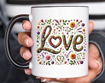 Floral LOVE Mug – Romantic Botanical Coffee Cup, Gift for Couples, Valentine’s Day Mug