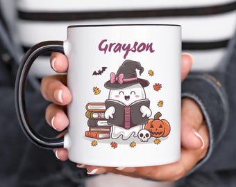 Personalized Halloween Ghost Mug, Reading Book, Custom Spooky Gift