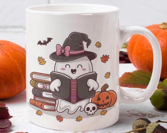 Handmade Ghost Reading Book Mug: Spooky Halloween Coffee Cup