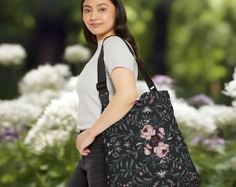 Vintage Rose Shoulder Bag: Dark Floral Romantic Tote with Pocket