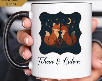 Taza personalizada de pareja de zorros - Taza de café con nombre personalizado - Regalo romántico de aniversario, boda o San Valentín