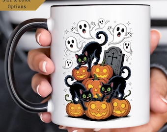 黒猫ハロウィンマグカップ - かぼちゃとゴーストの秋のコーヒーカップ