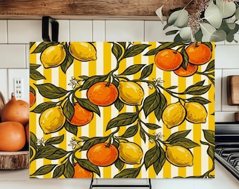 Tabla de cortar de vidrio con diseño de limón y naranja, decoración de cocina de verano, tabla de preparación de frutas a rayas amarillas